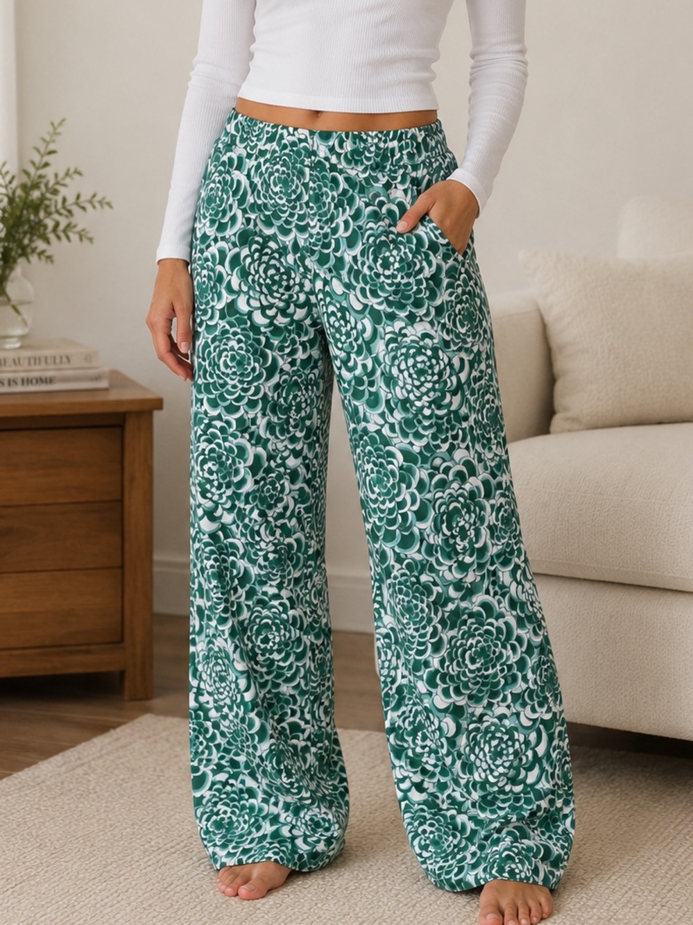 Jude Connelly green and white patterned wide-leg pants xs